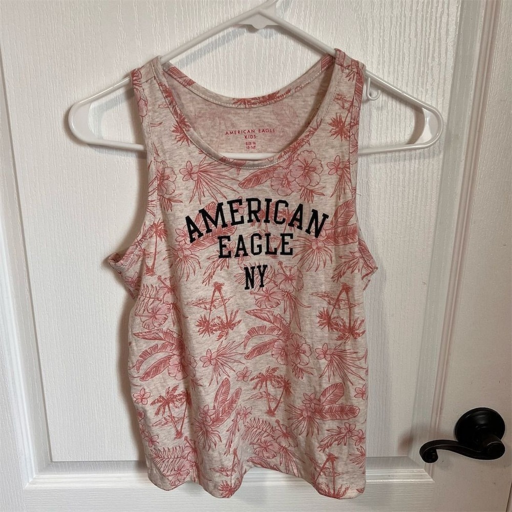 American Eagle Kids Girl Size 16 Pink Tropical Floral Racerback Tank Top NY Logo